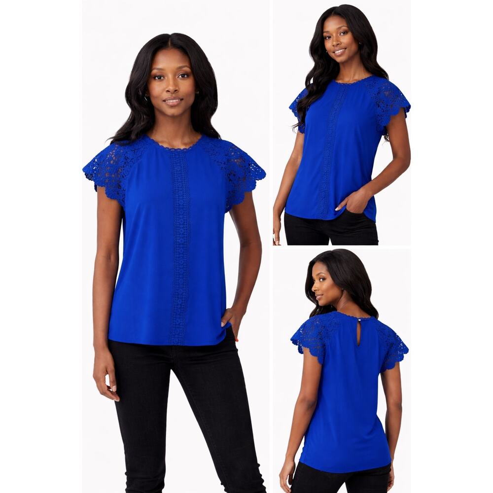 Cable & Gauge Lace Flutter Sleeve Blouse Women S Blue NWT - Picture 3 of 4